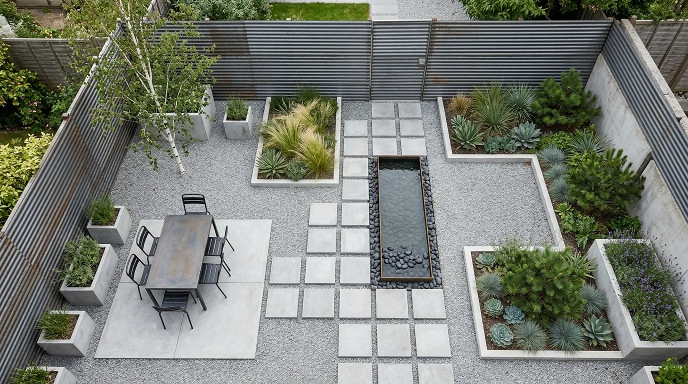 An edgy industrial landscape side yard with dark metal and lighting, no people
