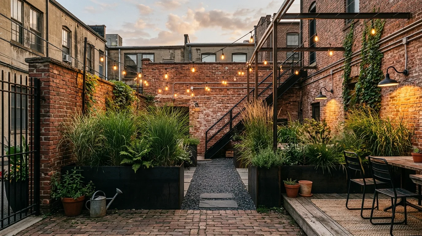 An industrial rooftop style landscape with mesh planters and open sky, no people