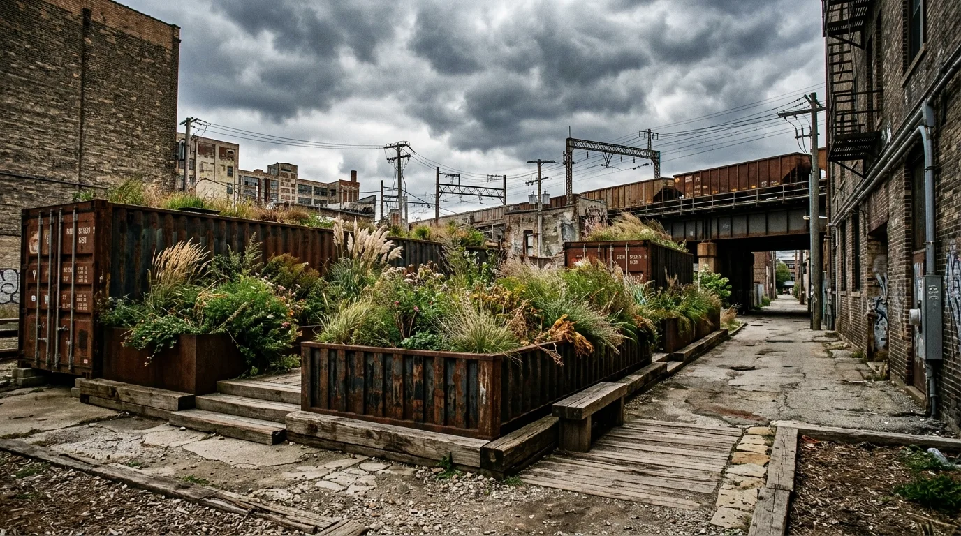An industrial landscape with a reflective water trough feature, no people