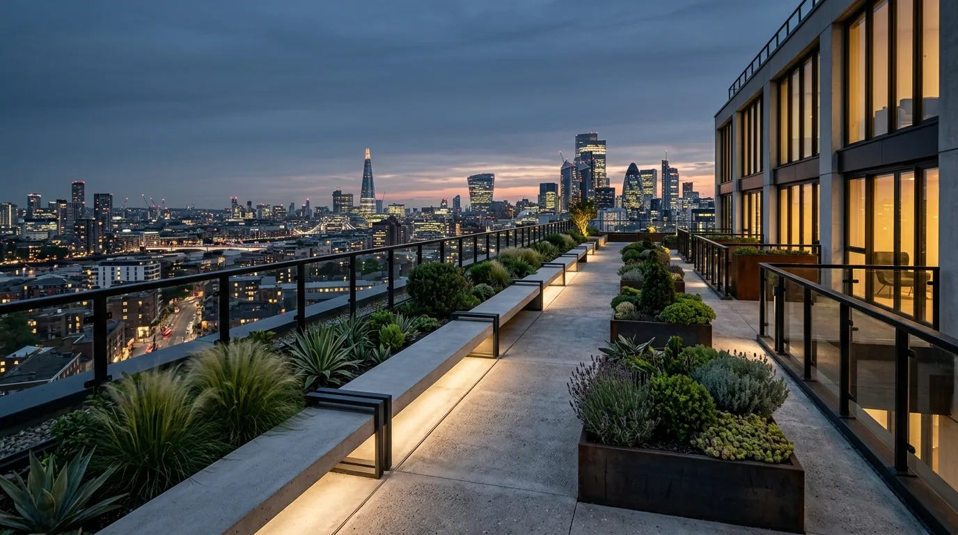 A compact industrial landscape with charcoal pavers and repeated planters, no people