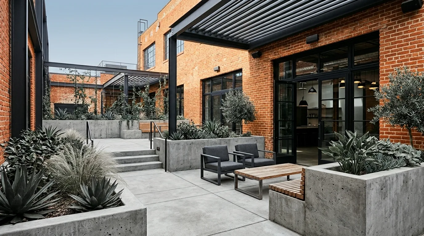 An edgy industrial landscape with metal grid wall and climbing vines, no people