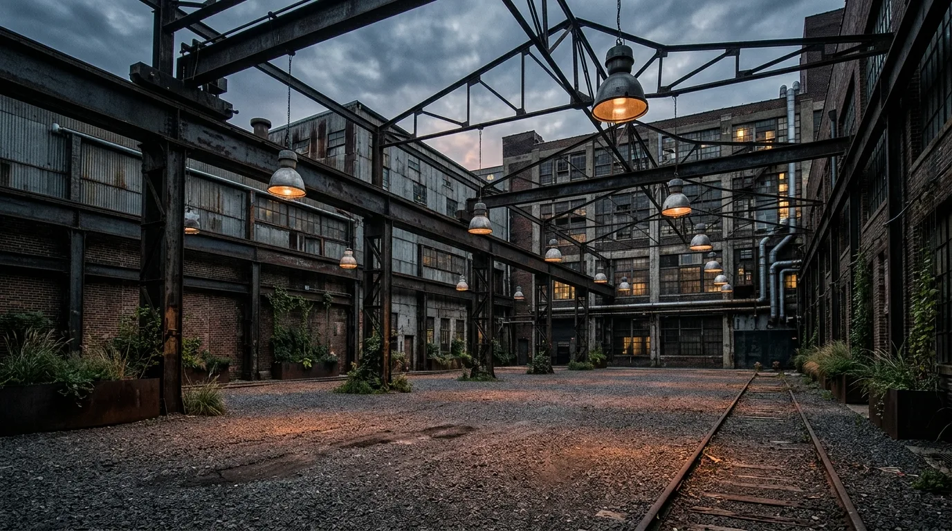 An industrial landscape with fire table timber and rusted steel, no people