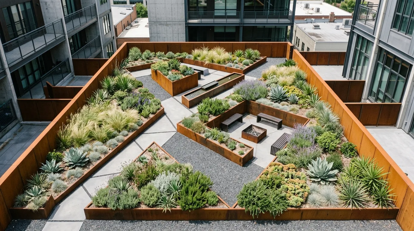 An industrial landscape with gravel and slab studio style layout, no people