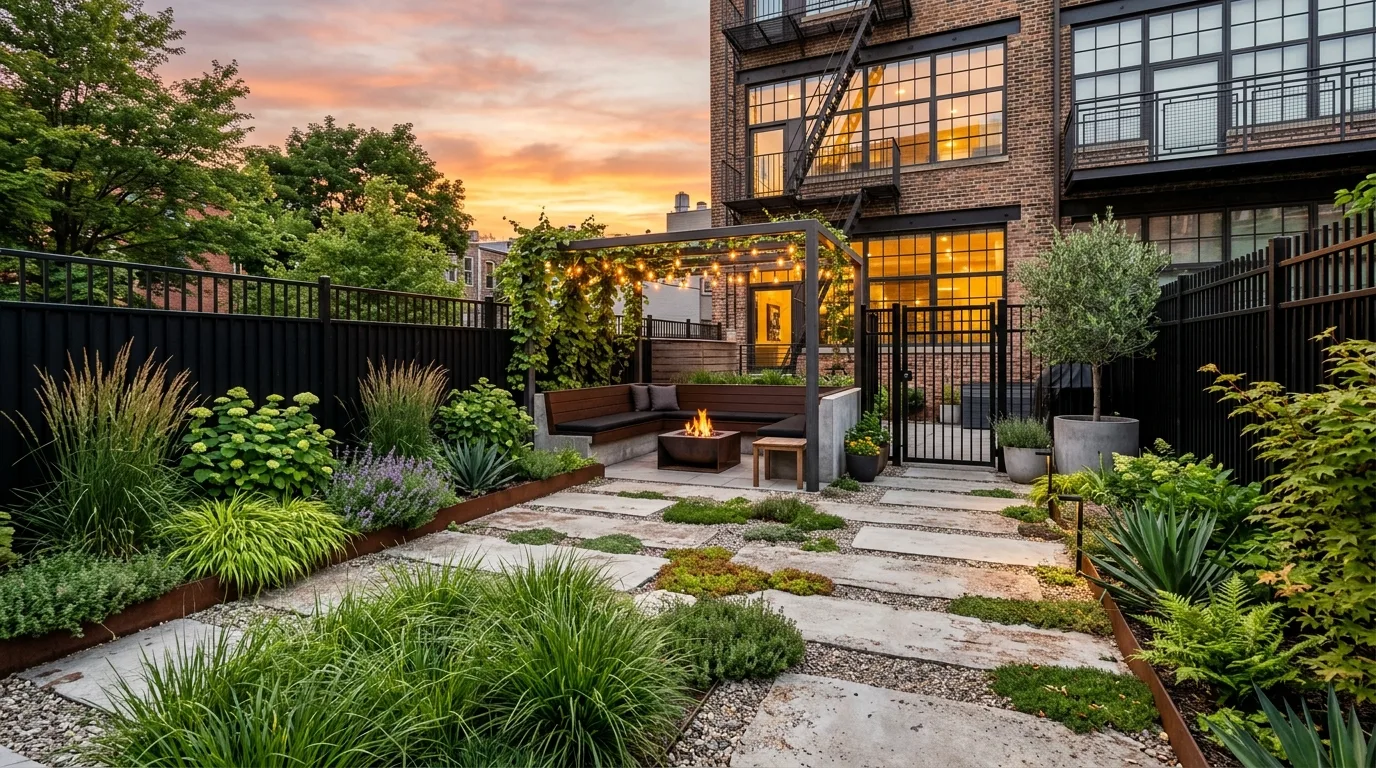 An industrial landscape with black fence backdrop and sharp foliage, no people