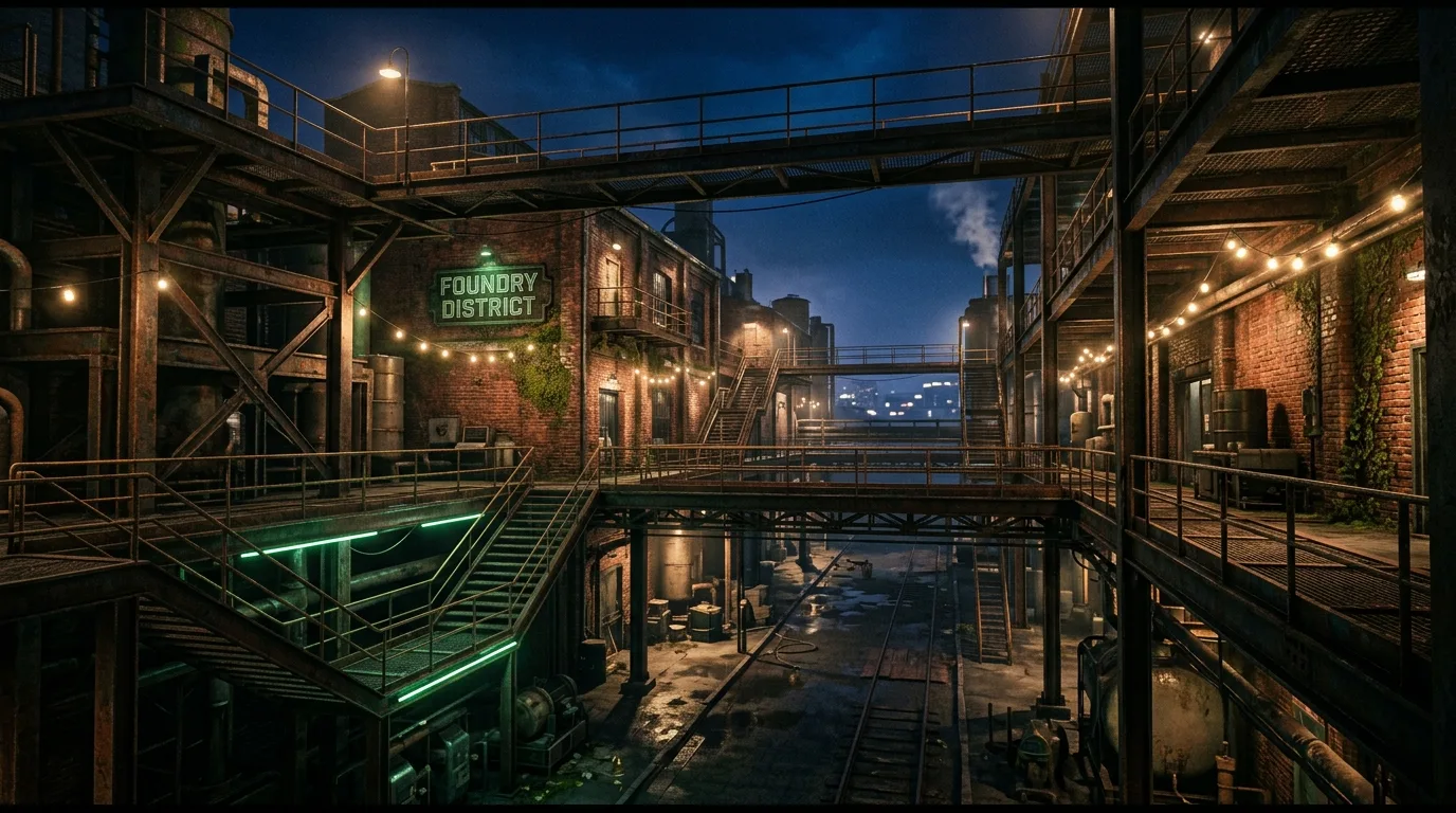An edgy industrial landscape with raw materials and modern planting, no people
