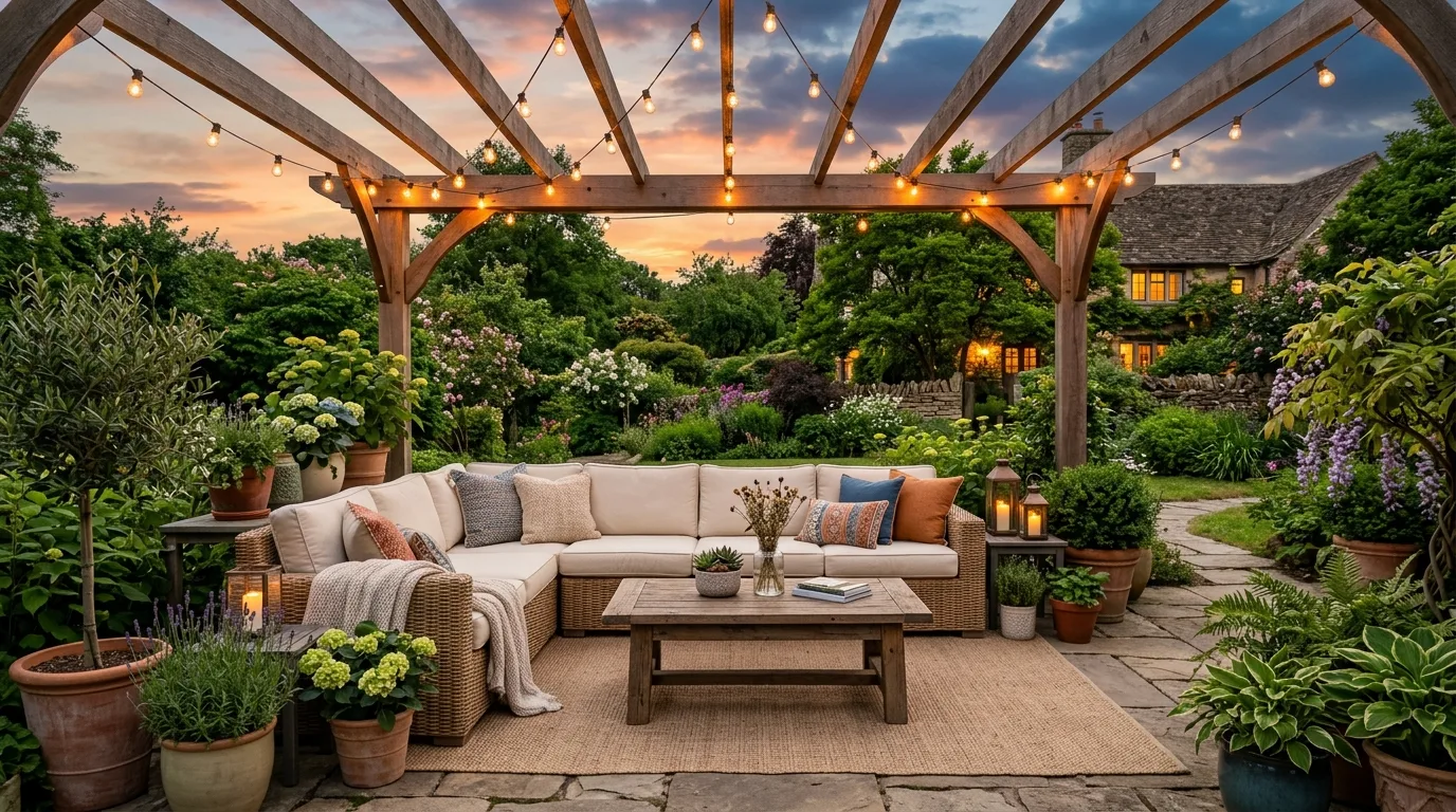 An inviting patio landscape with sofa seating and layered border planting, no people