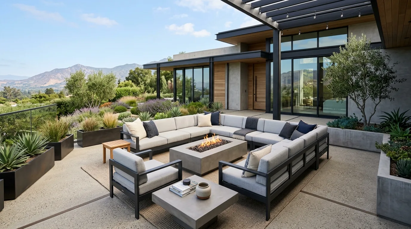 A patio landscape with pergola curtains vines and warm light, no people