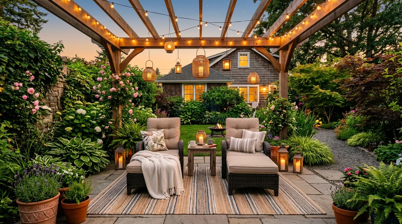 An inviting patio landscape with dining area herbs and flowers, no people