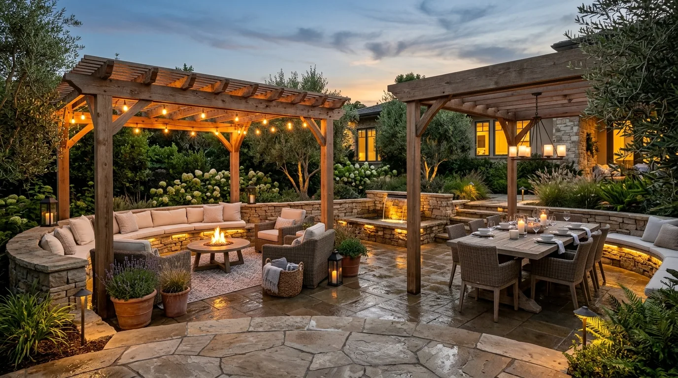 A patio landscape with cozy fire pit conversation seating, no people