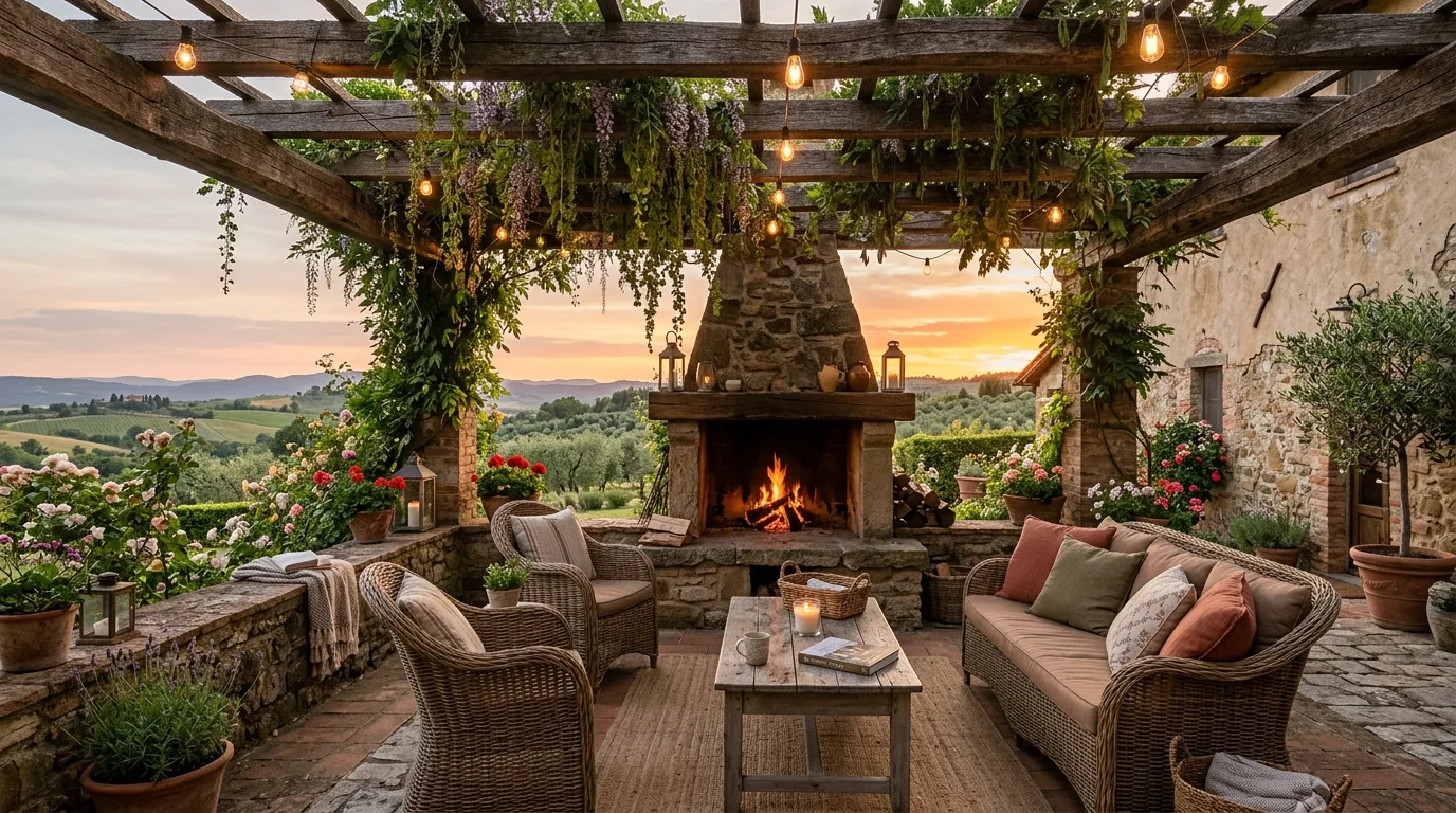 An inviting compact patio landscape with vertical planting, no people