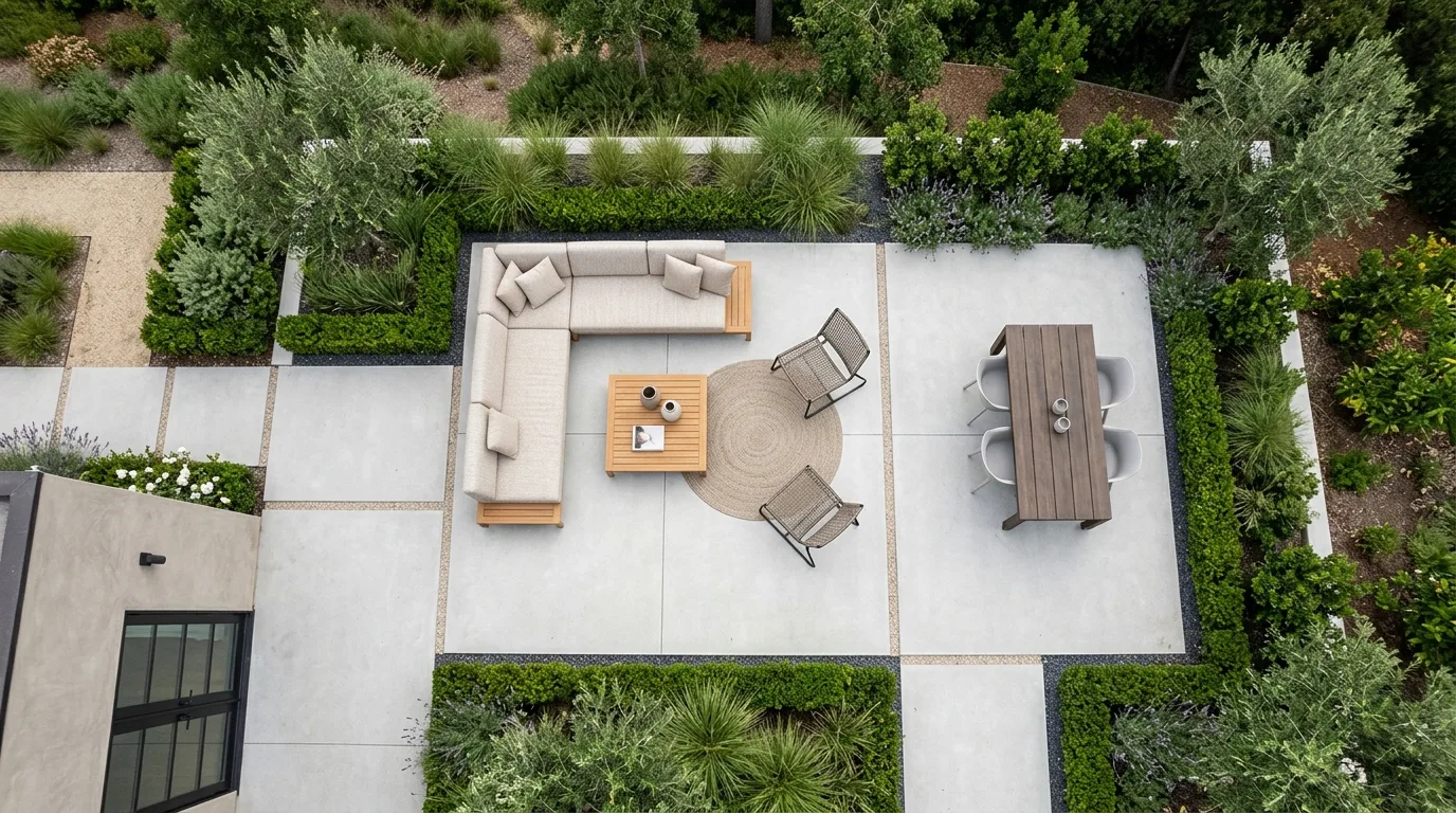 A patio landscape linked to lawn with broad planted curves, no people