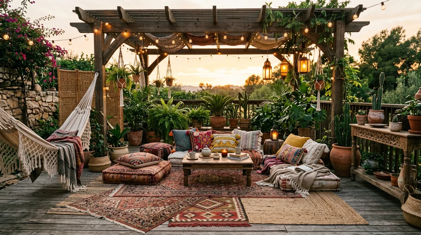 An inviting patio landscape with built in bench lounge seating, no people