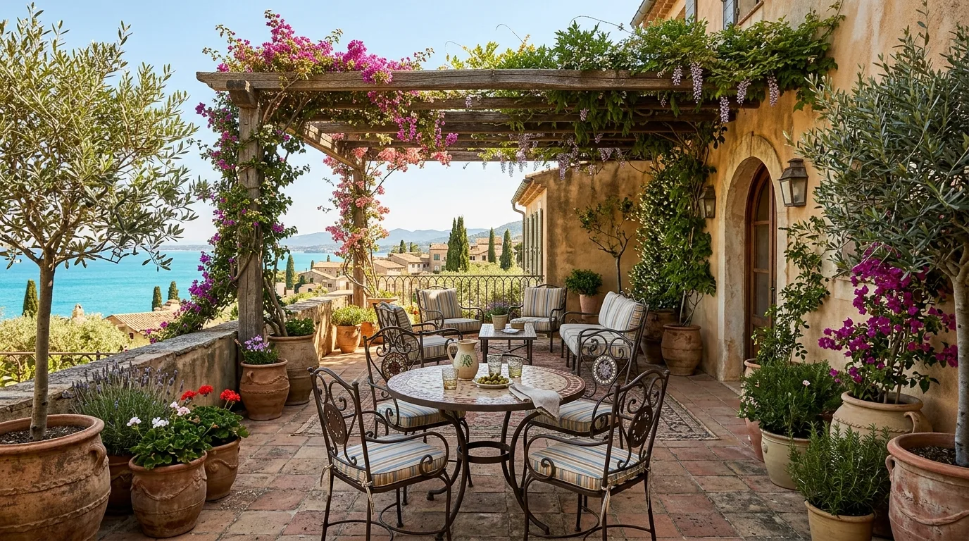 A family patio landscape with clear zones for dining and play, no people
