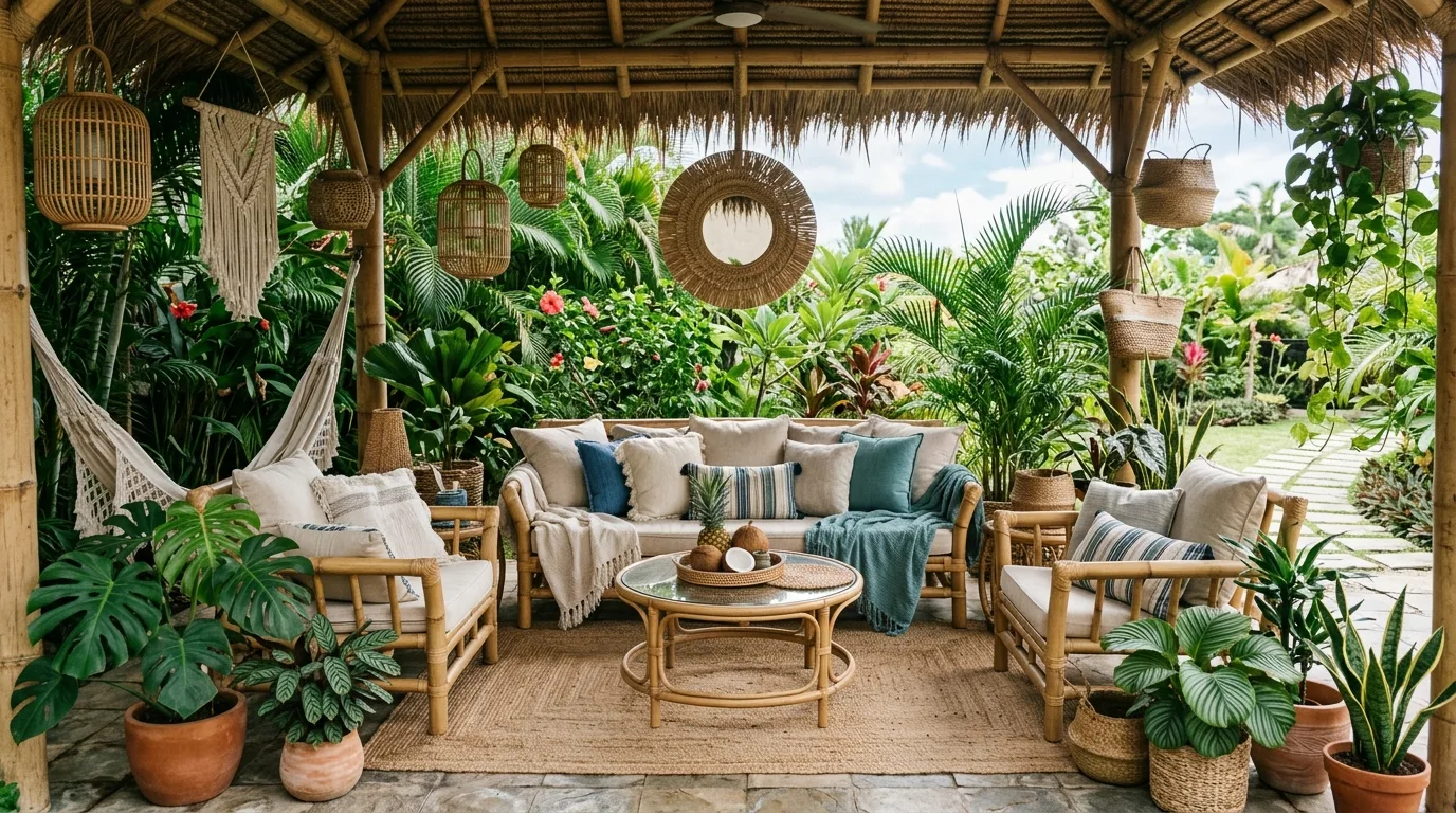 An inviting covered patio landscape with potted trees and rugs, no people