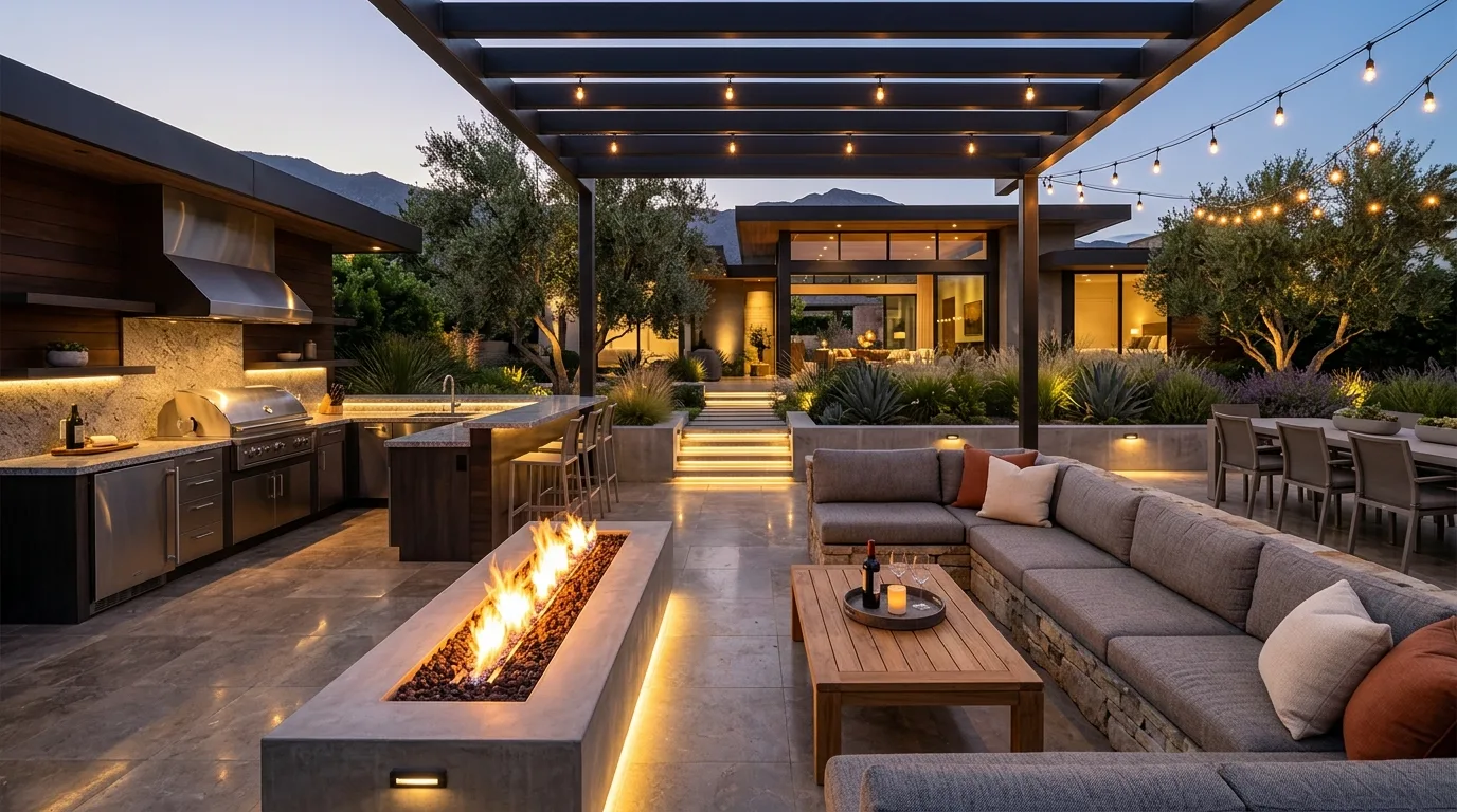 A modern patio landscape with crisp planting blocks and gravel joints, no people