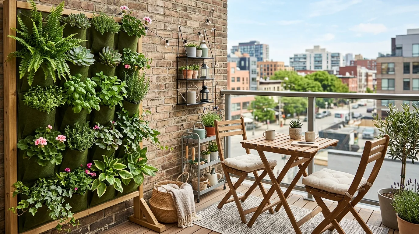An inviting shaded patio landscape with ferns and cool green planting, no people