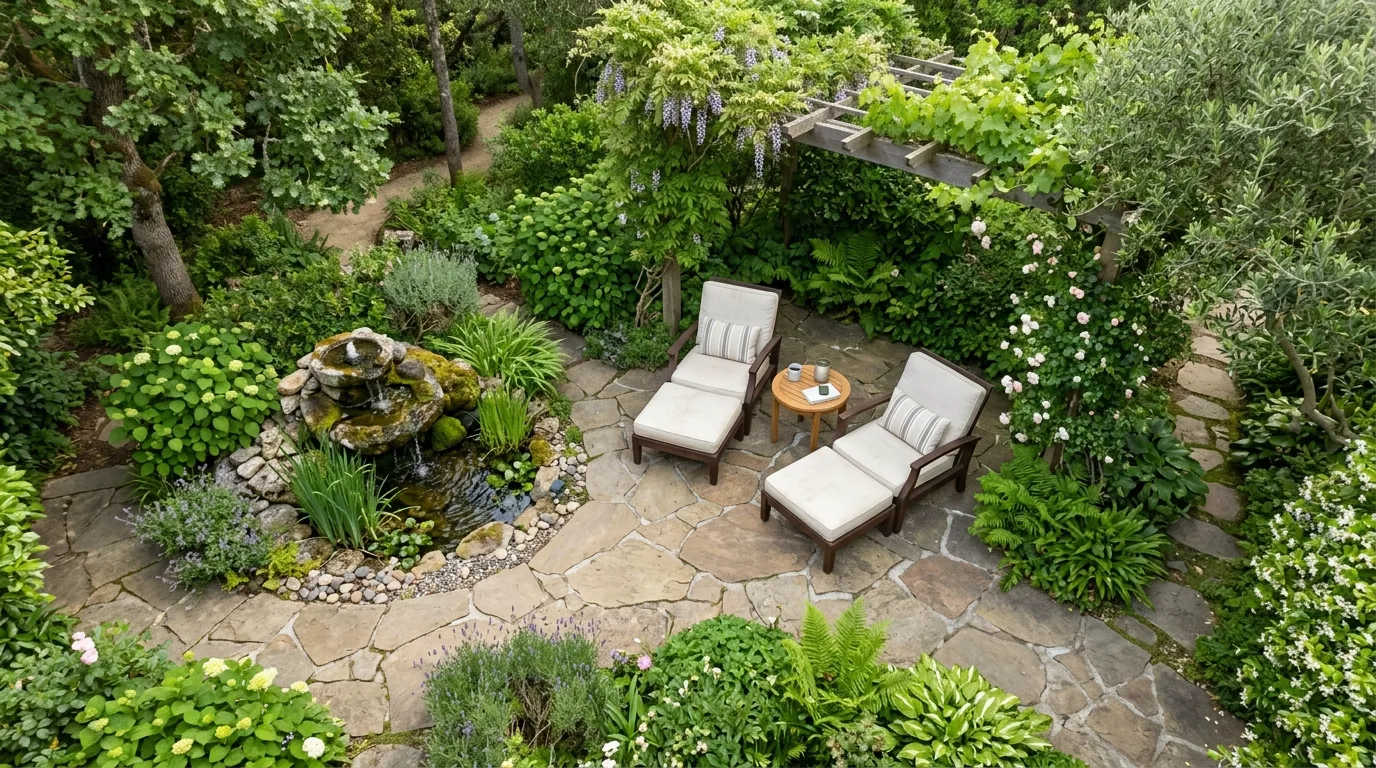 A patio landscape framed by hedges for privacy and calm, no people