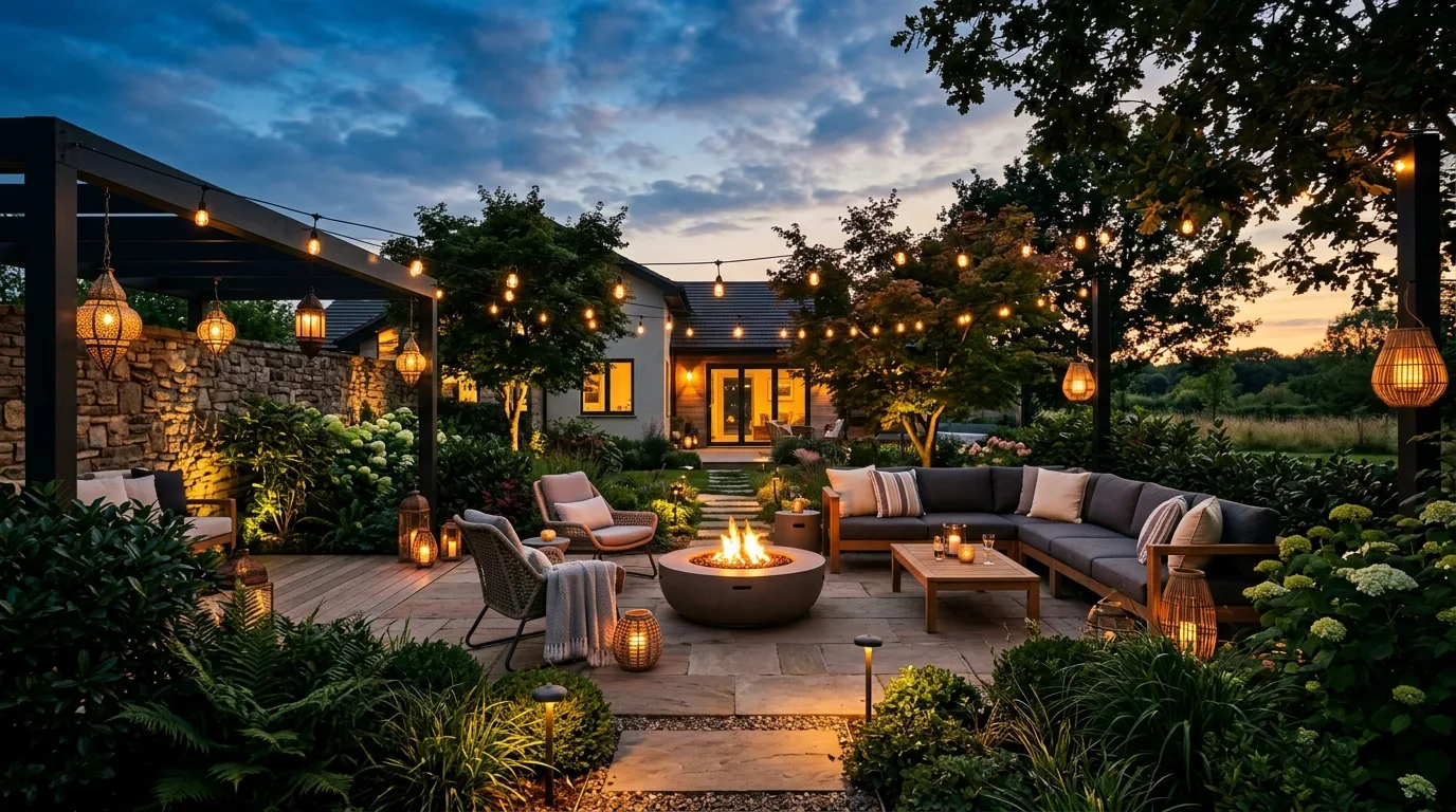 An inviting patio landscape with integrated seating paving and planting, no people