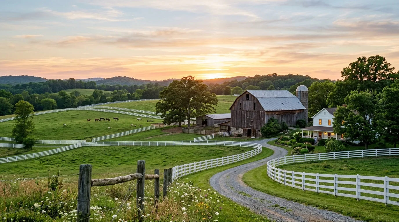 A rustic farmhouse landscape with gravel drive fence and meadow grass, no people