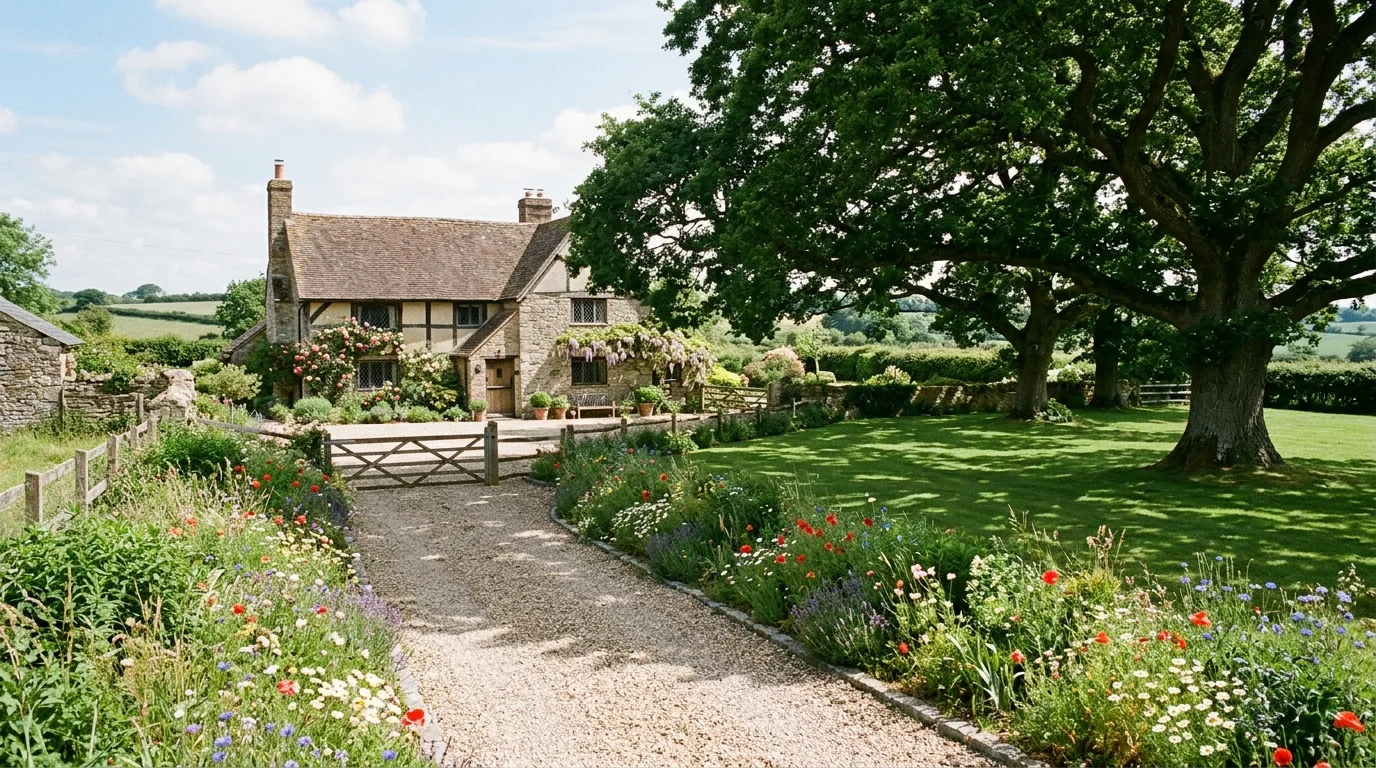 A farmhouse landscape with hydrangeas and clipped shrubs near the porch, no people