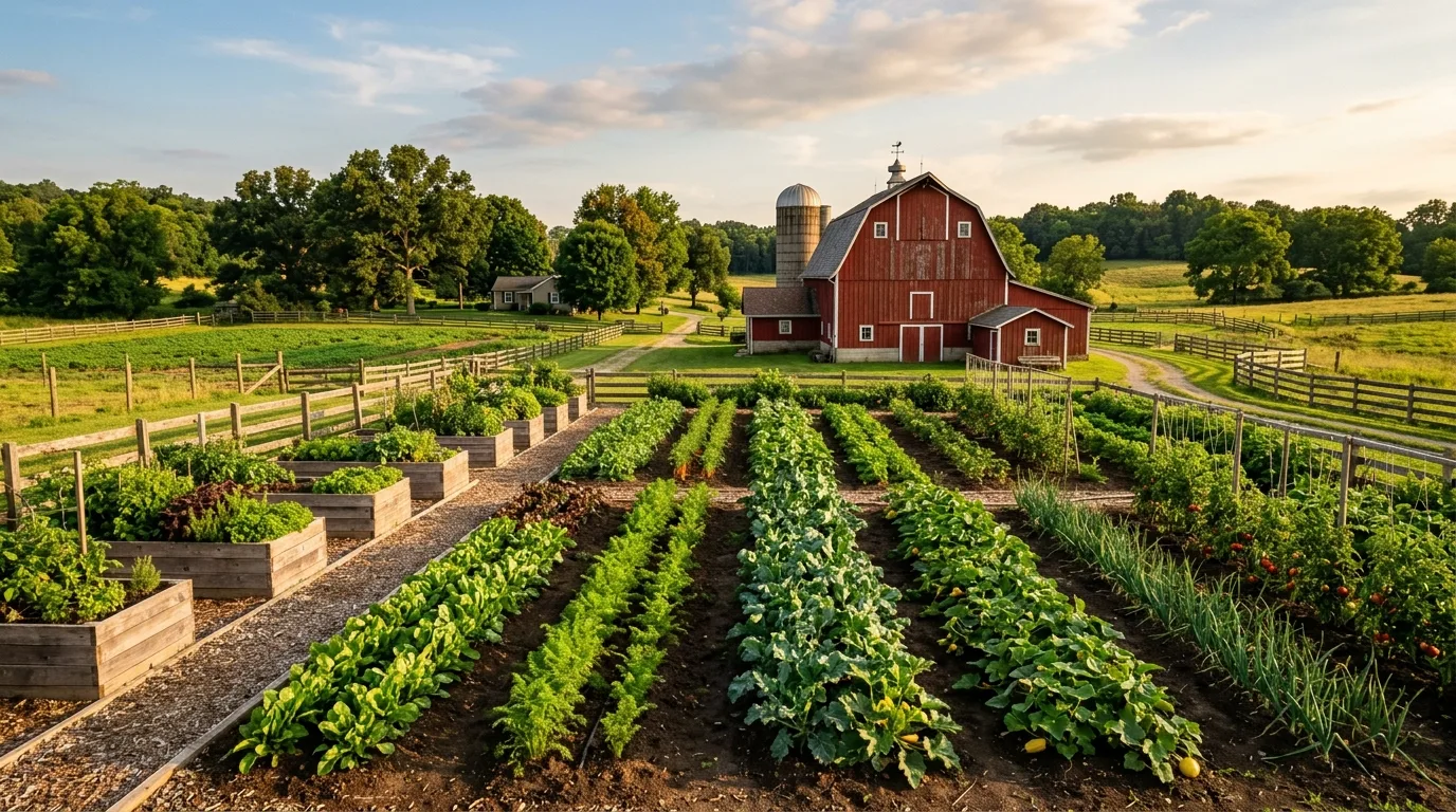 A rustic farmhouse landscape around a barn with planters and perennials, no people