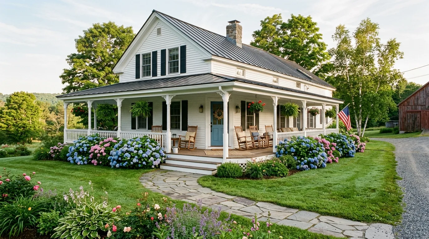A farmhouse landscape with timber raised beds and stone kitchen garden paths, no people