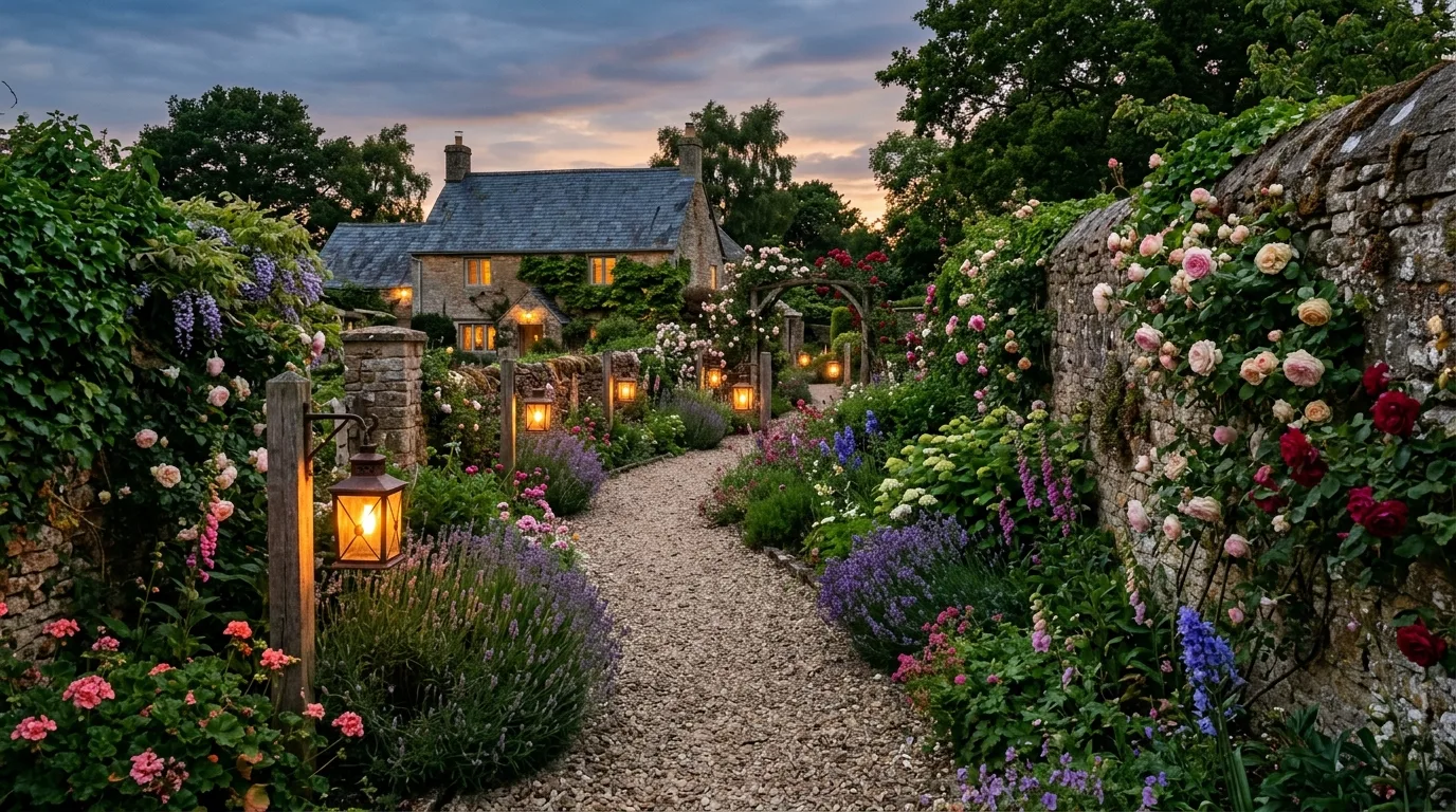 A rustic farmhouse landscape with white fence roses and cottage flowers, no people