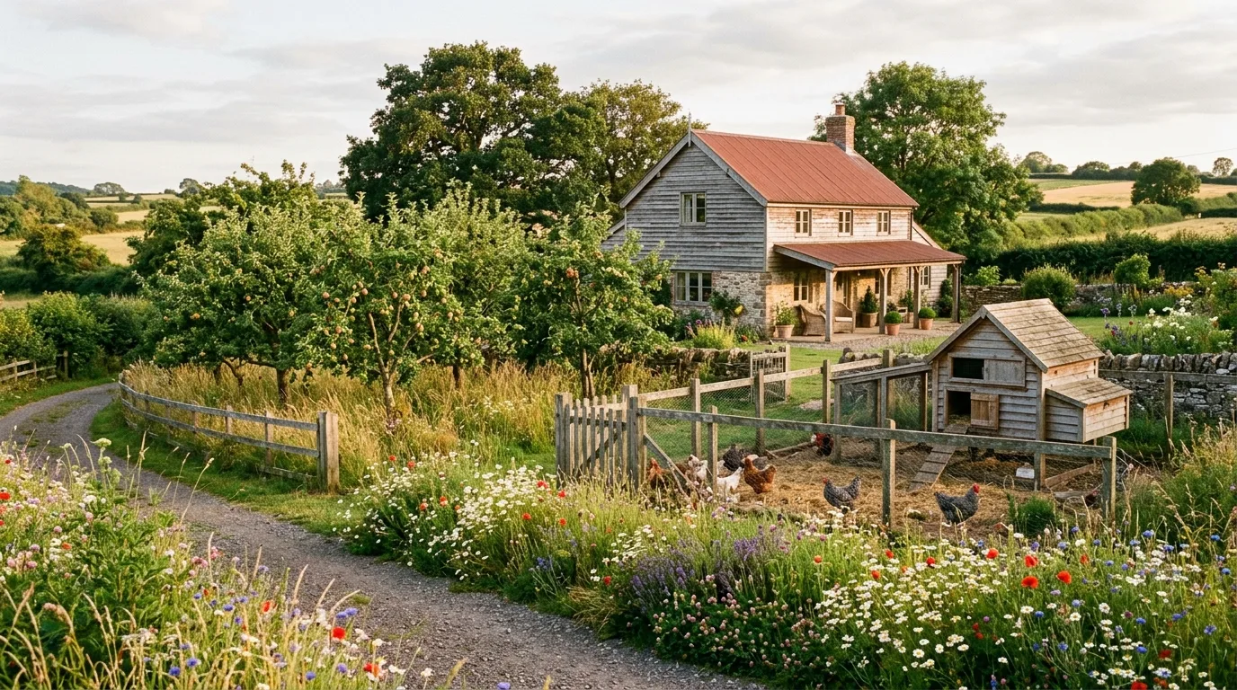A rustic farmhouse courtyard landscape with gravel pots and timber seating, no people