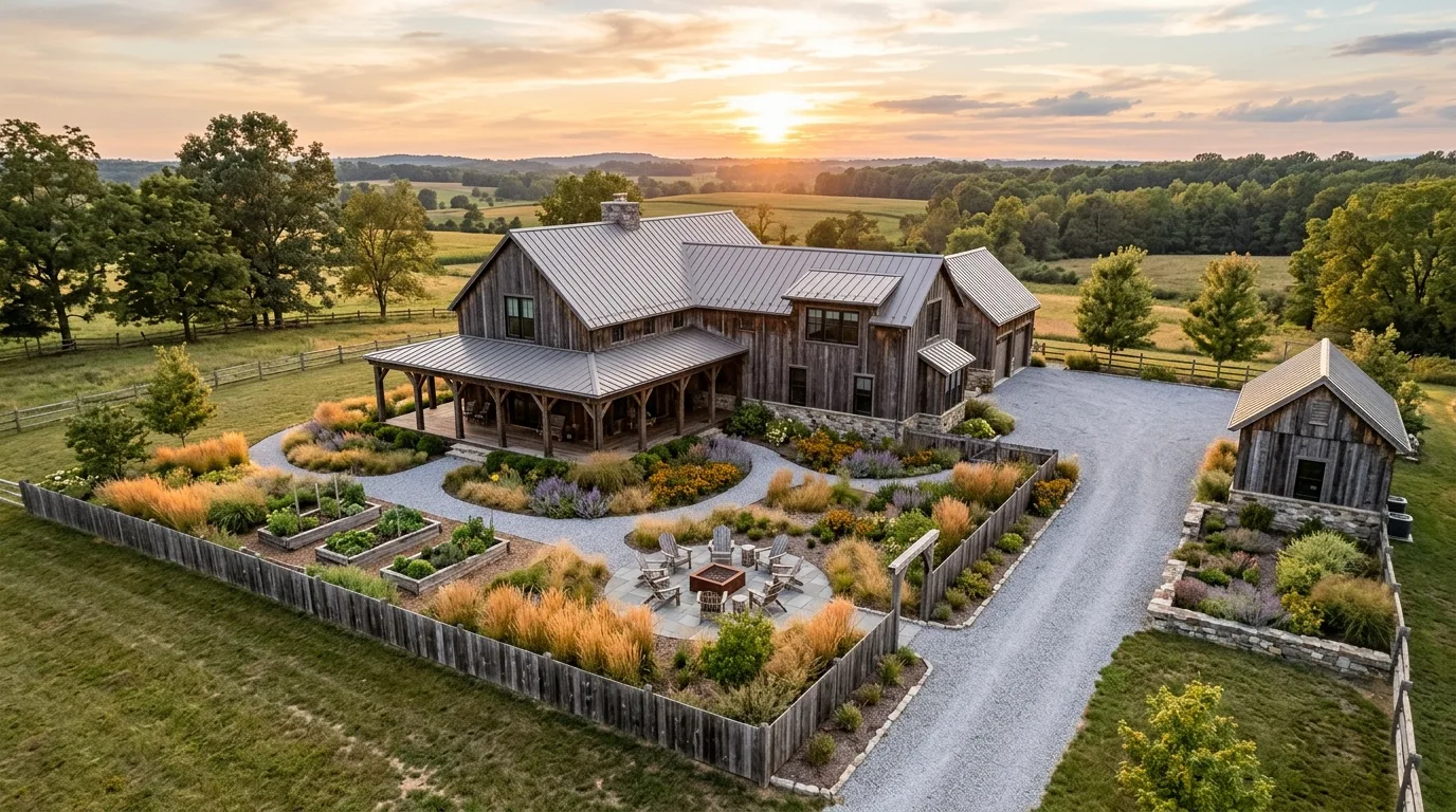 A farmhouse landscape with native grasses at the pasture edge, no people