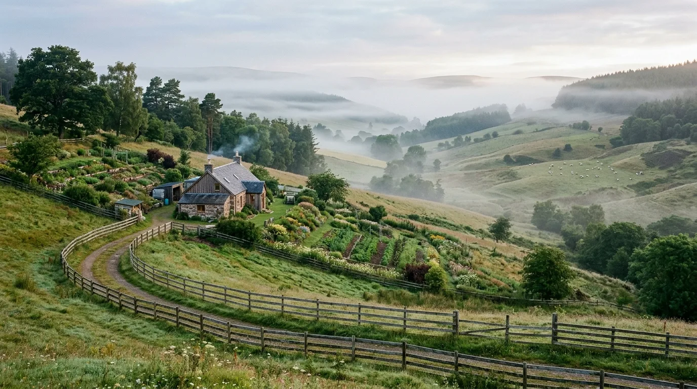 A farmhouse landscape with stone edged flower beds, no people