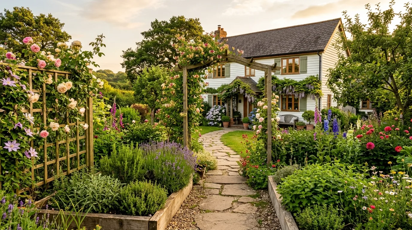 A rustic farmhouse patio landscape with herbs lavender and field views, no people