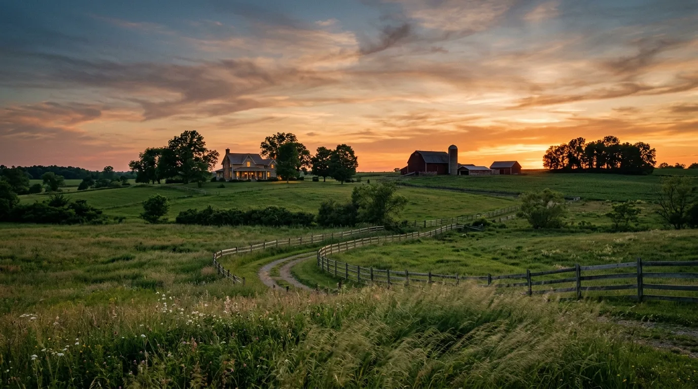 A rustic farmhouse landscape balanced between practicality and warmth, no people