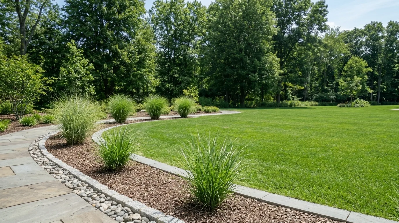 A simple landscape with clean path lawn and two shrubs, no people