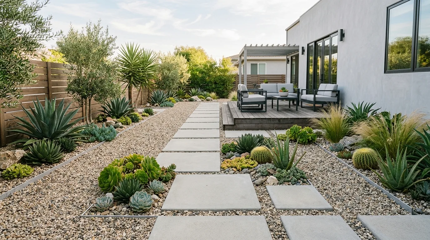 A simple low maintenance landscape with gravel courtyard and planters, no people