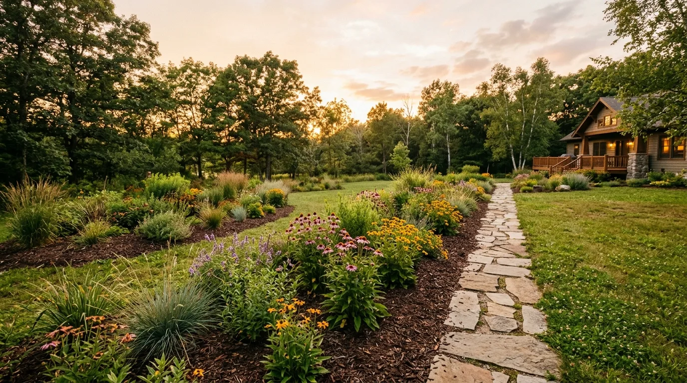 A simple landscape side yard with mulch stepping stones and evergreens, no people
