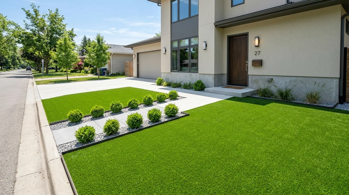 A simple landscape with porch pots and one border bed, no people