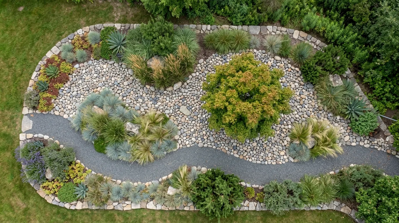 A simple low maintenance landscape with open lawn and shade tree, no people