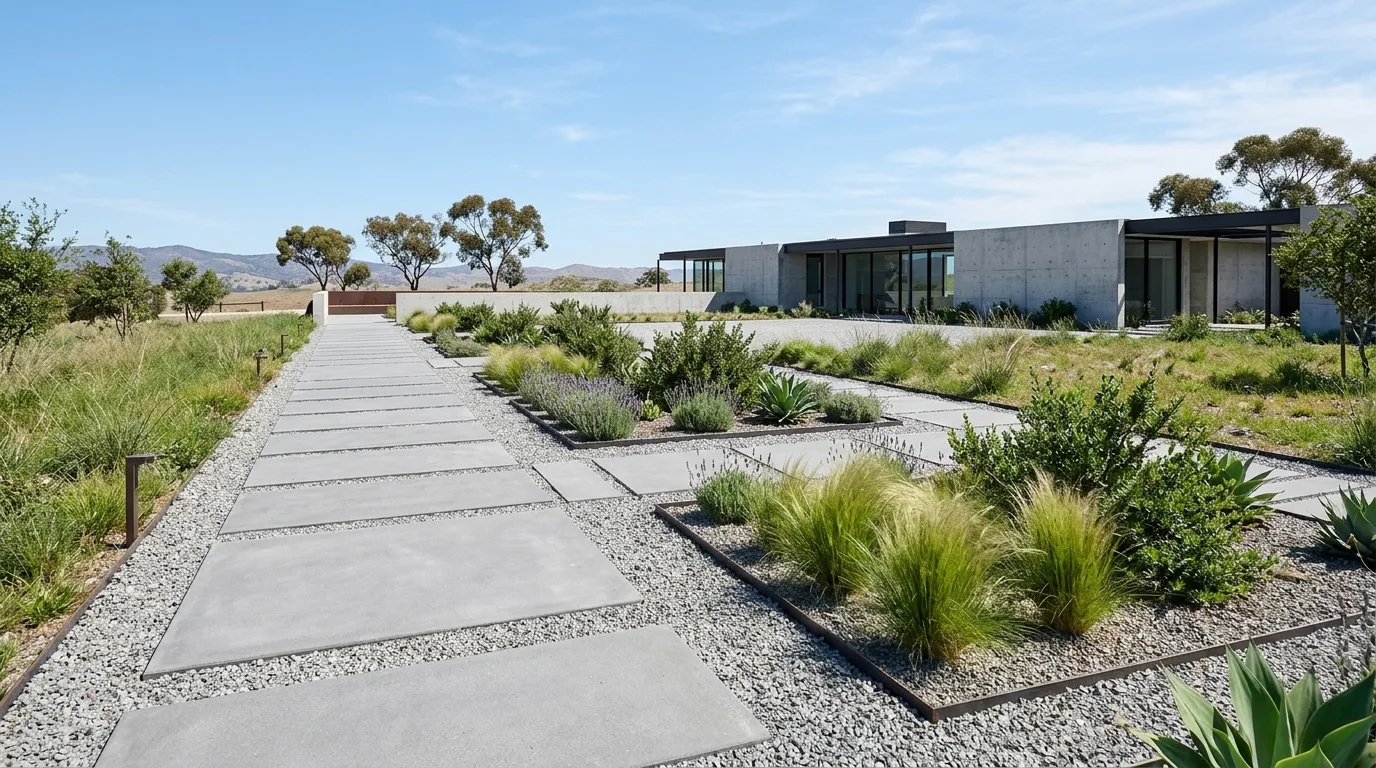 A simple landscape with gravel and sculptural shrubs, no people