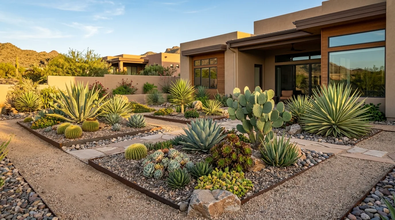 A simple patio landscape with repeated ornamental grasses, no people