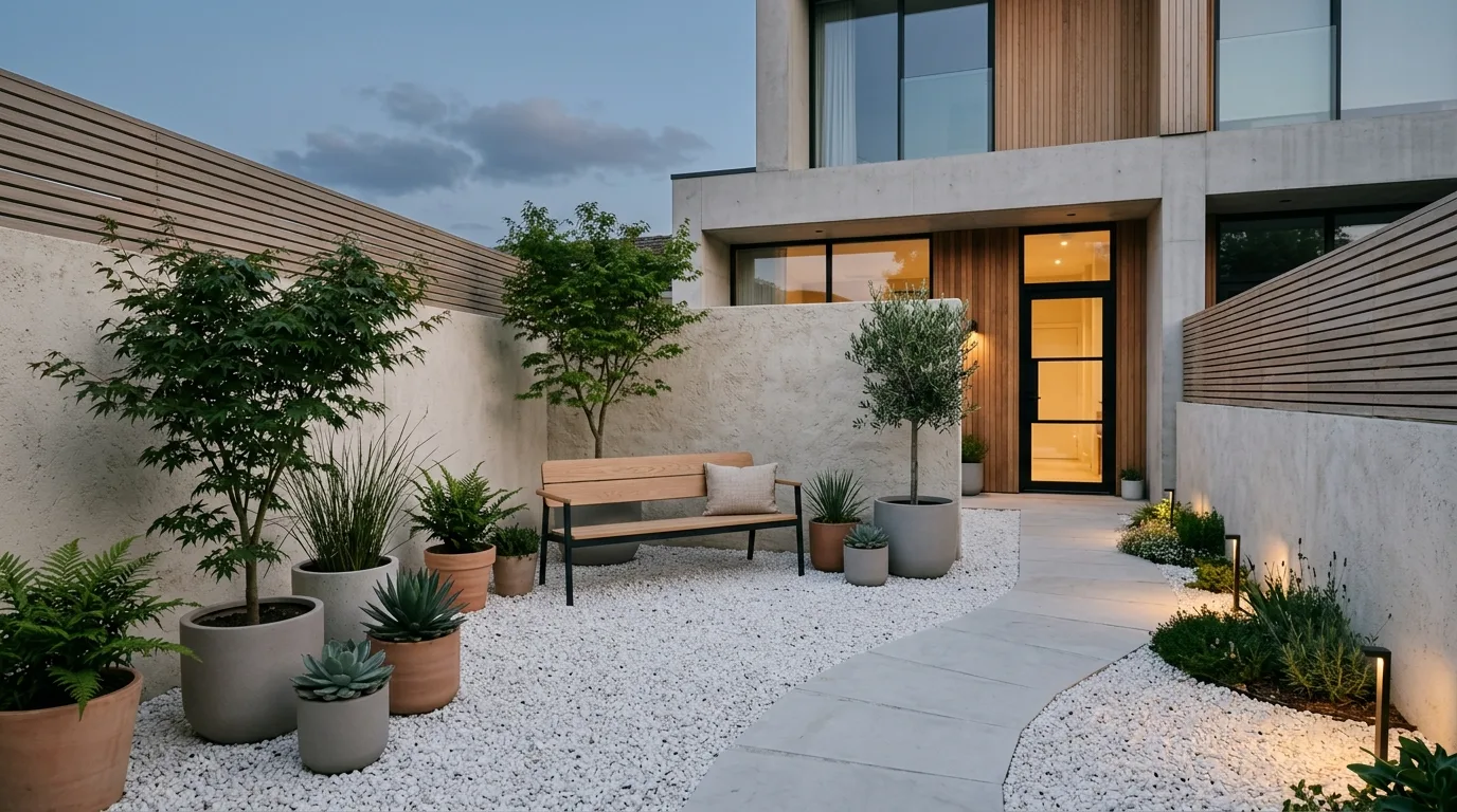 A simple low maintenance courtyard landscape with breathing room, no people