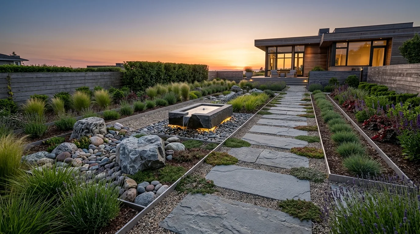 A simple low maintenance landscape with clear uncluttered design, no people