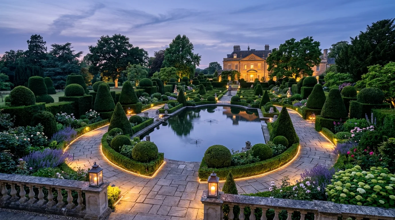 An opulent luxury landscape with pool terrace palms and loungers, no people