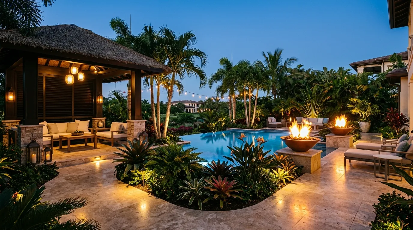 A luxury landscape courtyard with fire and water features, no people