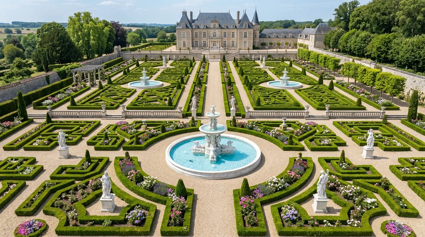 An opulent landscape with broad steps and specimen trees, no people