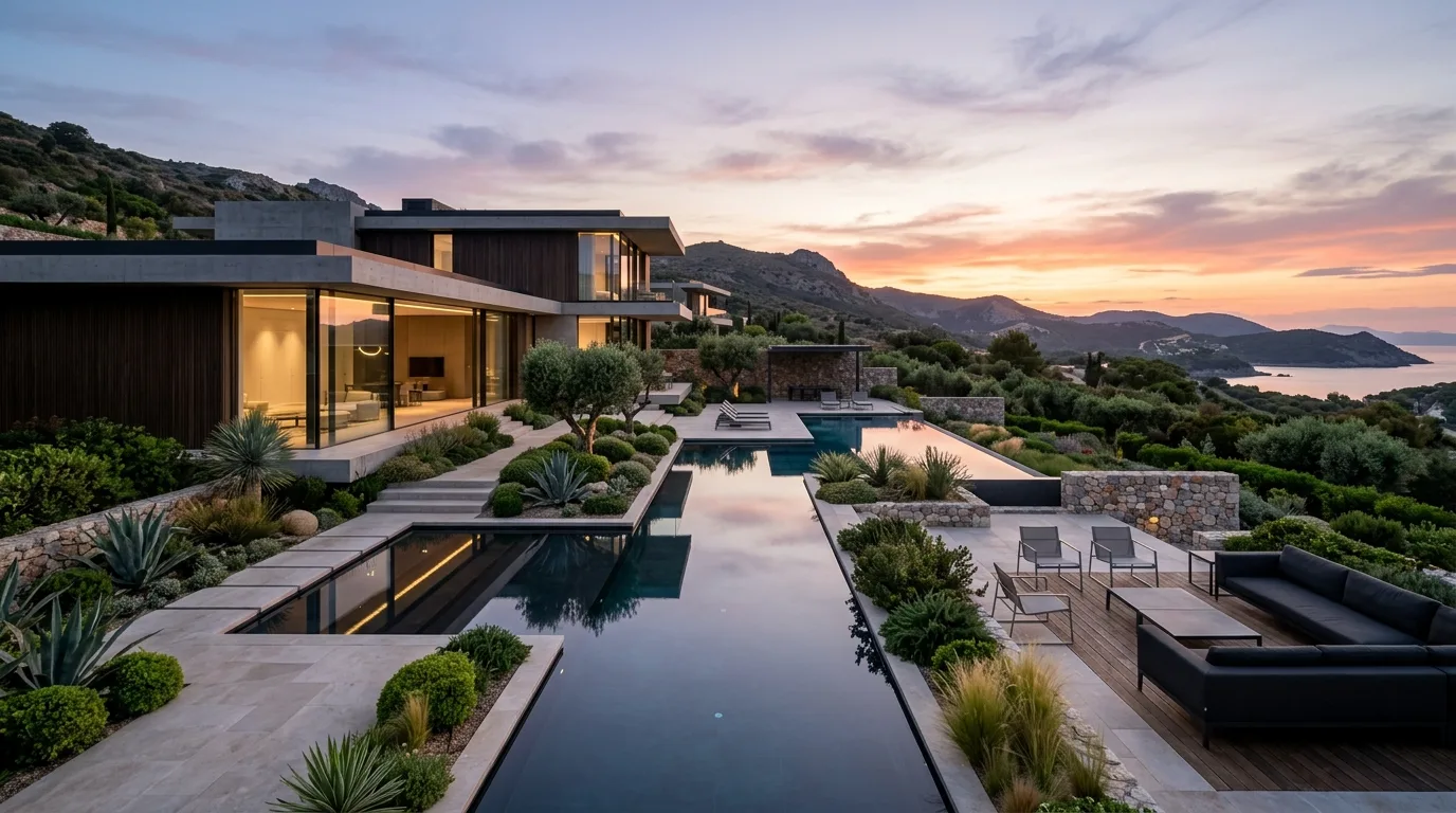 A luxury landscape with outdoor dining pavilion and hidden lighting, no people