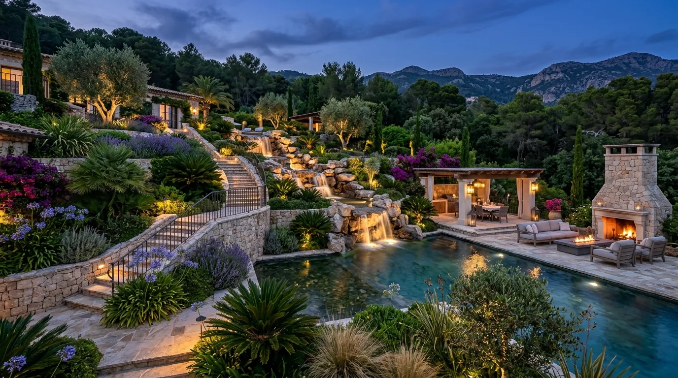 A modern luxury landscape with black stone and precise planting, no people