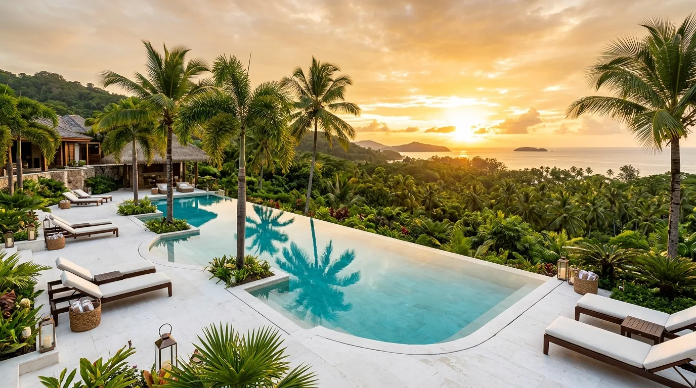 A luxury spa garden landscape with soaking tub and fragrant greenery, no people
