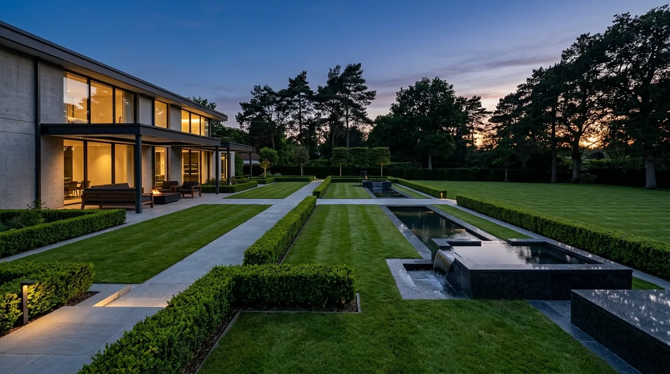 An opulent luxury landscape with a long formal water rill, no people