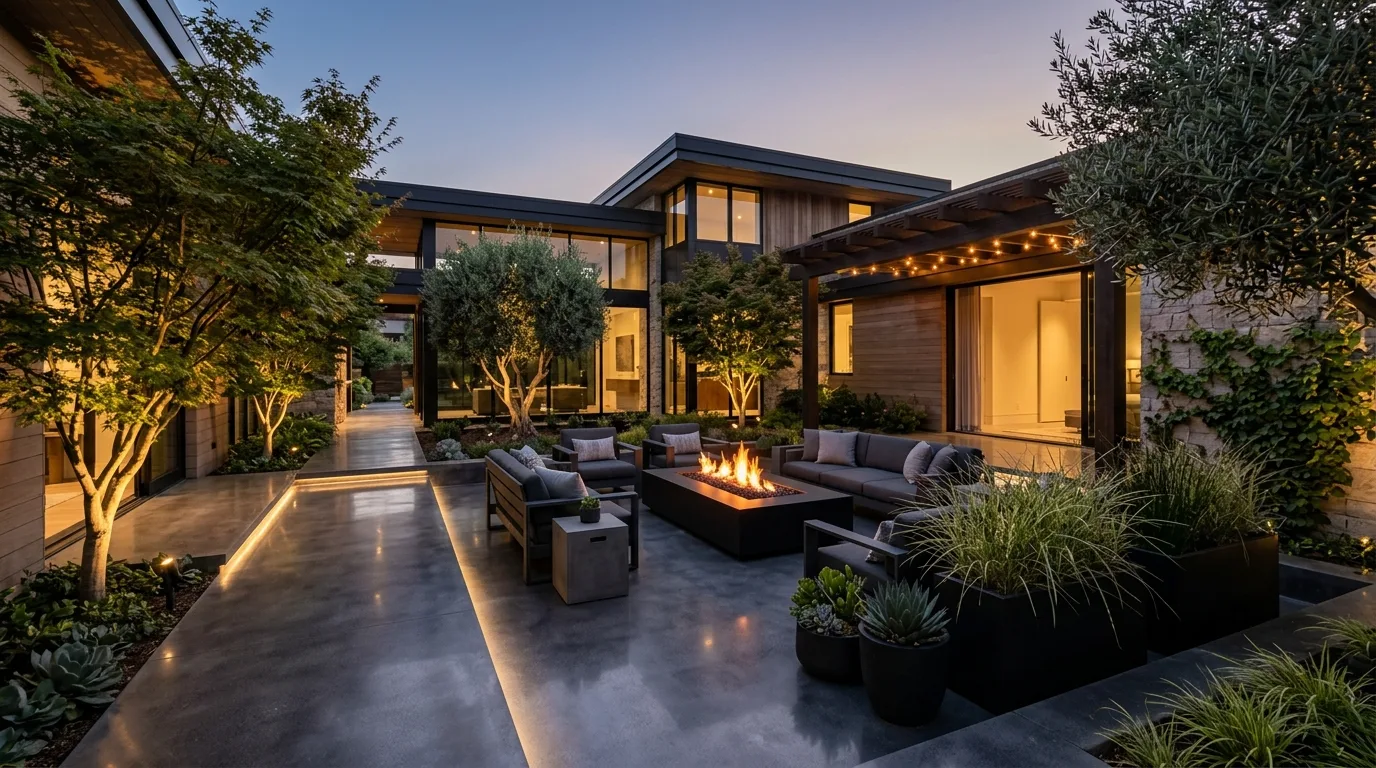 An opulent hillside landscape with terraces and edge lighting, no people