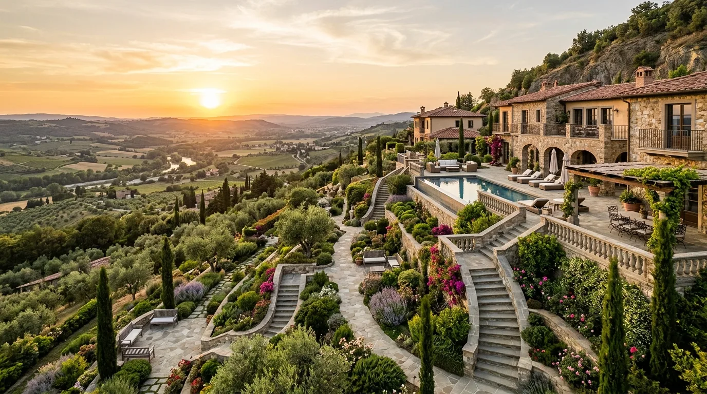 A luxury landscape with hedged garden rooms and quiet seating, no people